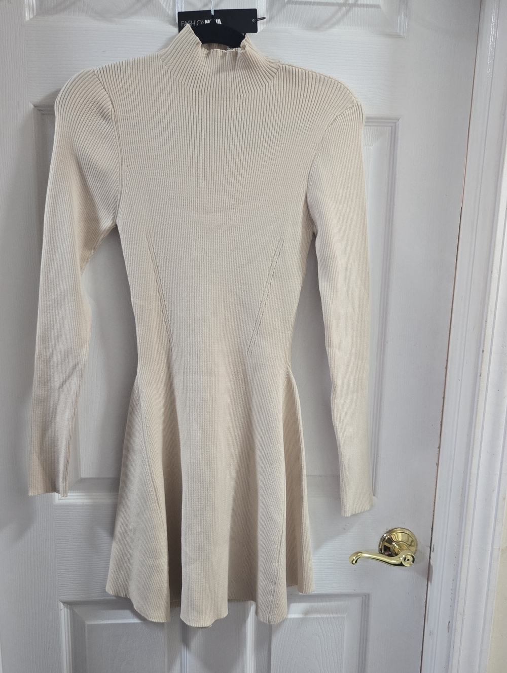 Fashion Nova Cream Long-Sleeve Ribbed Fit & Flare Dress